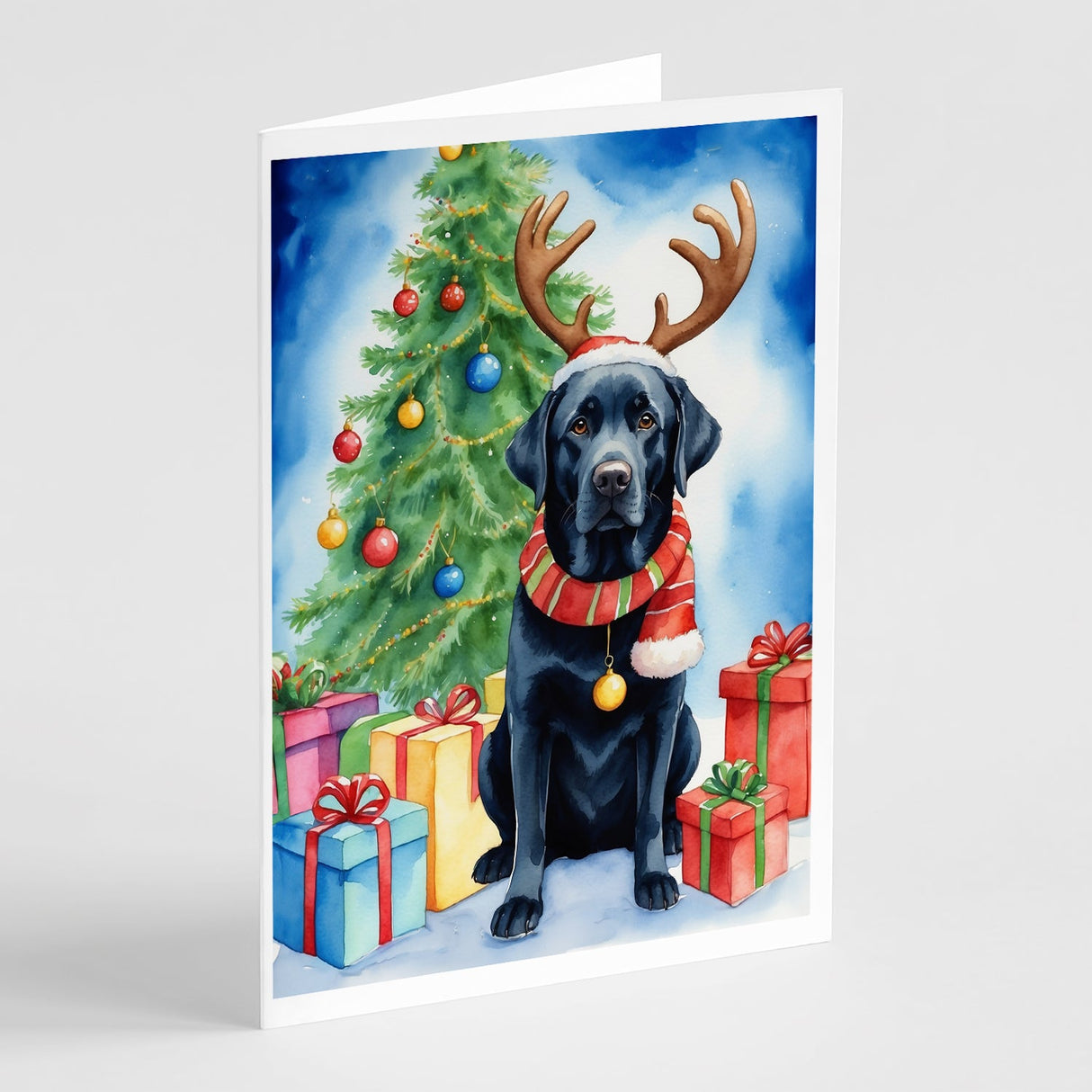 Black Labrador Retriever Christmas Reindeer Greeting Cards Pack of 8