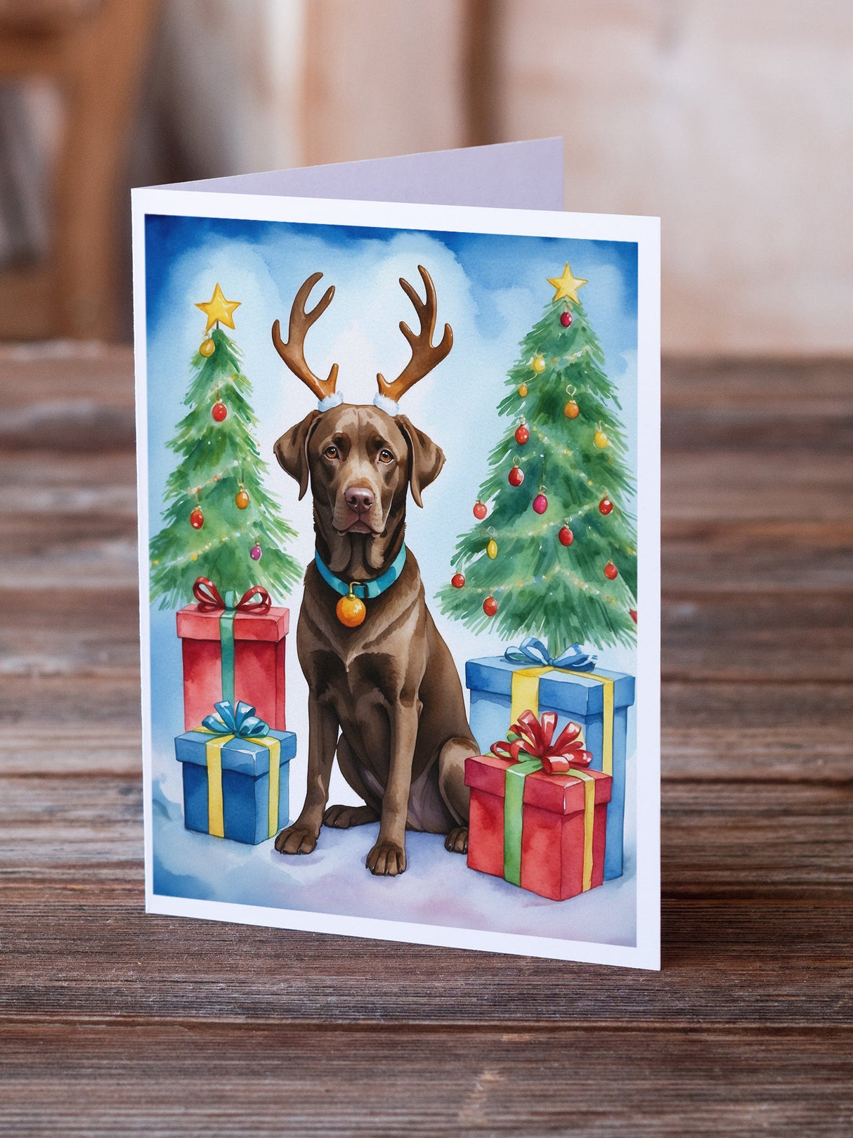 Chocolate Labrador Retriever Christmas Reindeer Greeting Cards Pack of 8