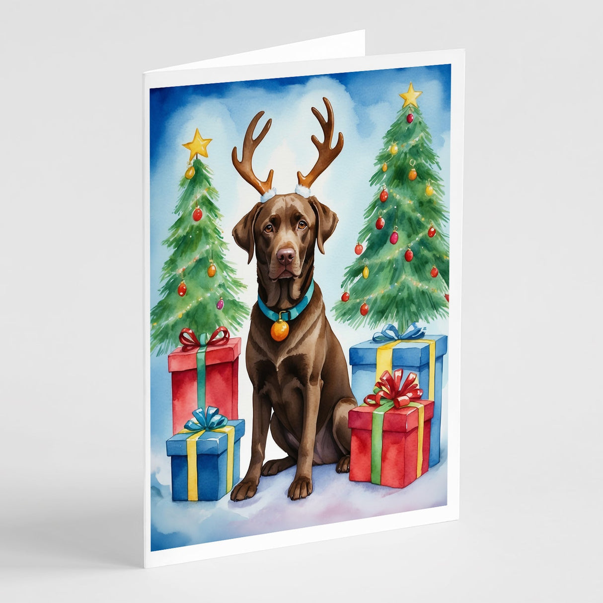 Chocolate Labrador Retriever Christmas Reindeer Greeting Cards Pack of 8