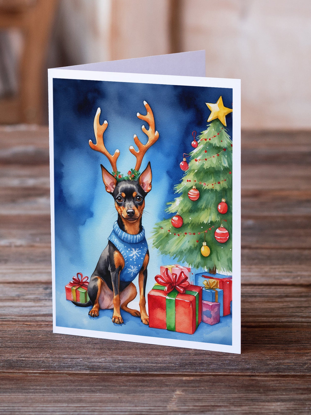 Miniature Pinscher Christmas Reindeer Greeting Cards Pack of 8