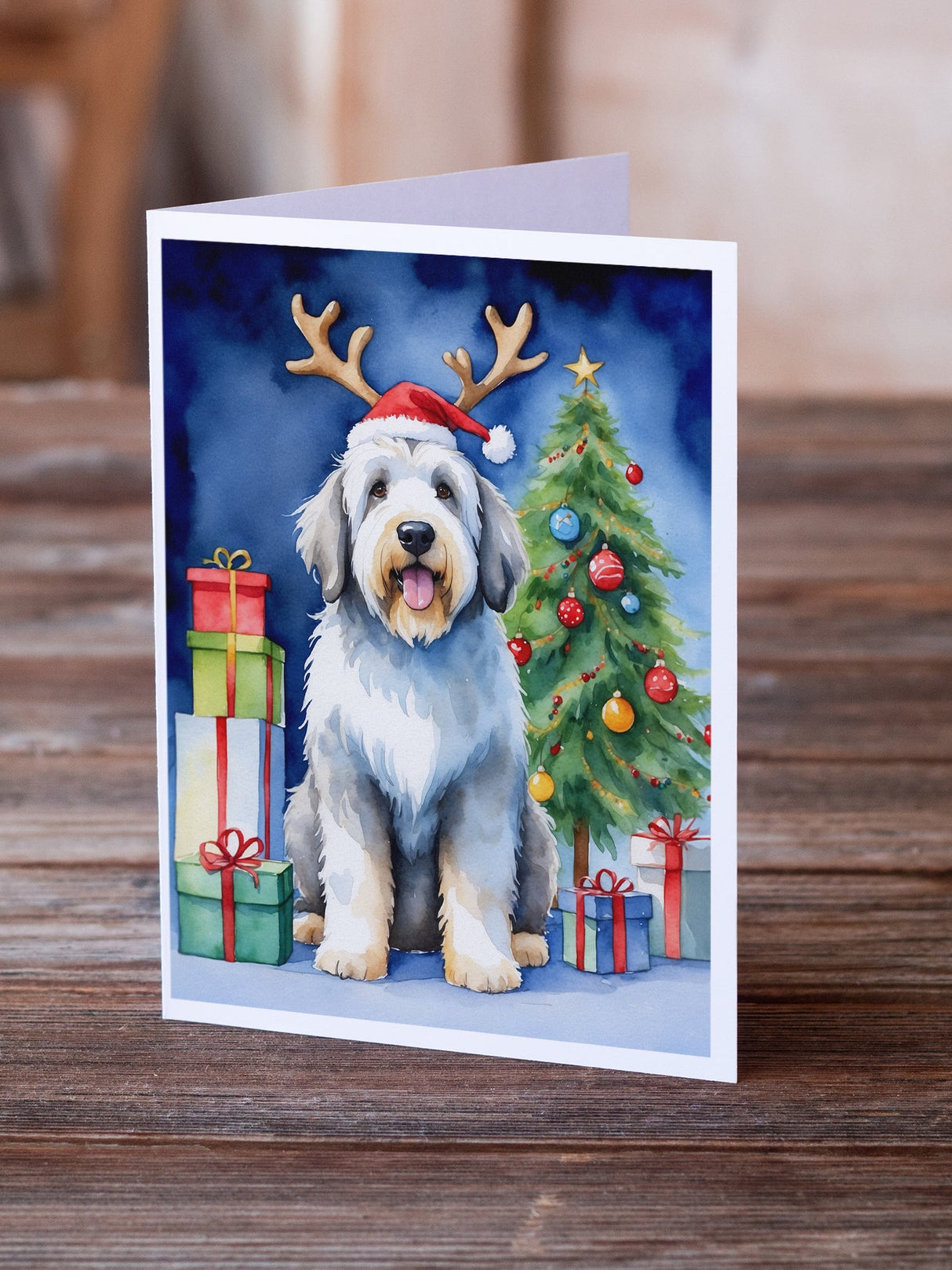 Old English Sheepdog Christmas Reindeer Greeting Cards Pack of 8