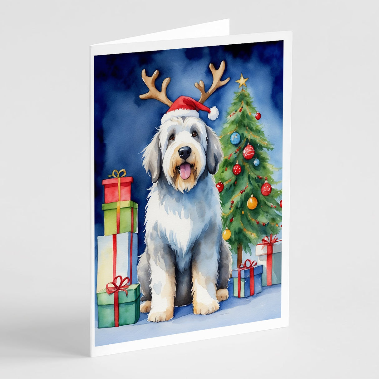 Old English Sheepdog Christmas Reindeer Greeting Cards Pack of 8