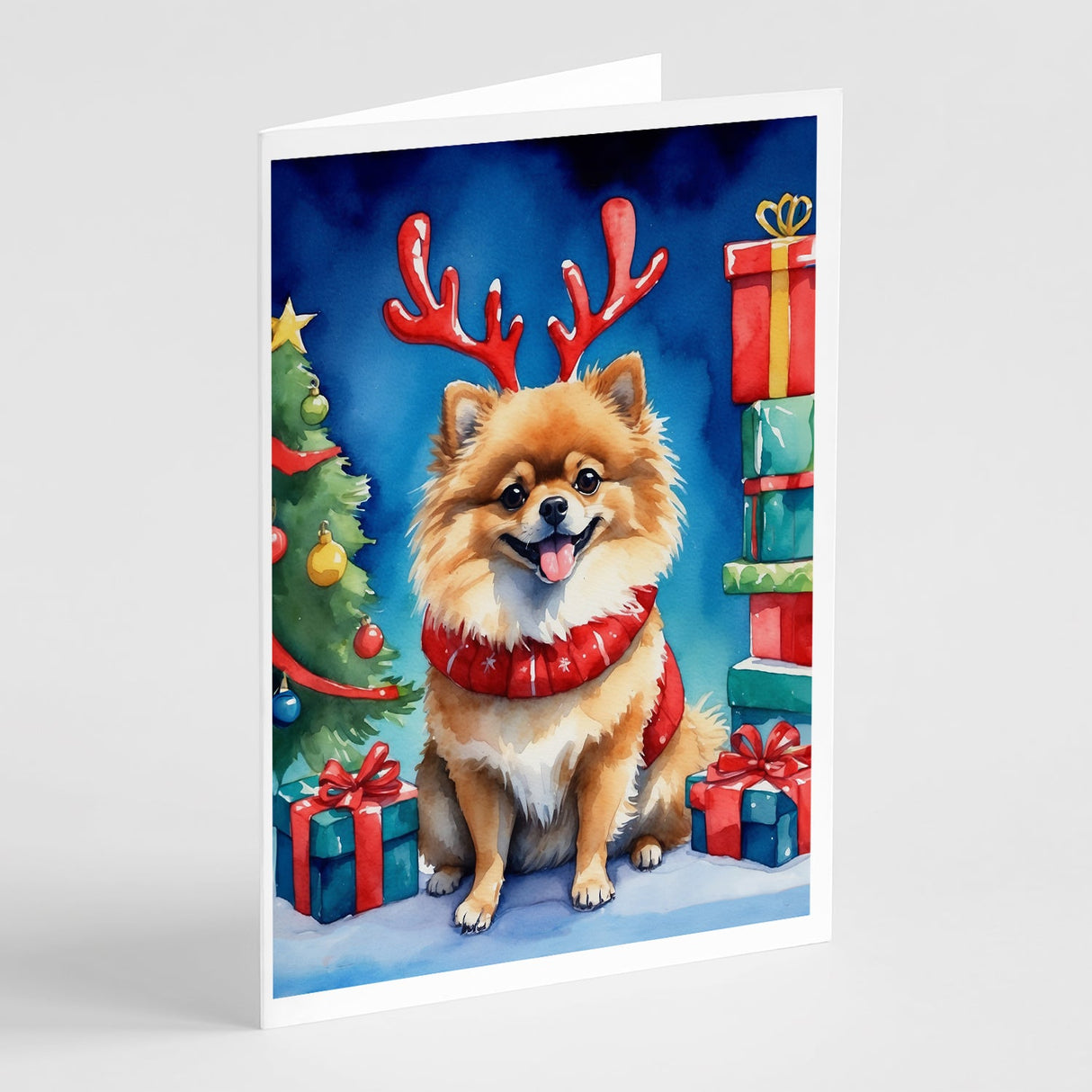 Pomeranian Christmas Reindeer Greeting Cards Pack of 8