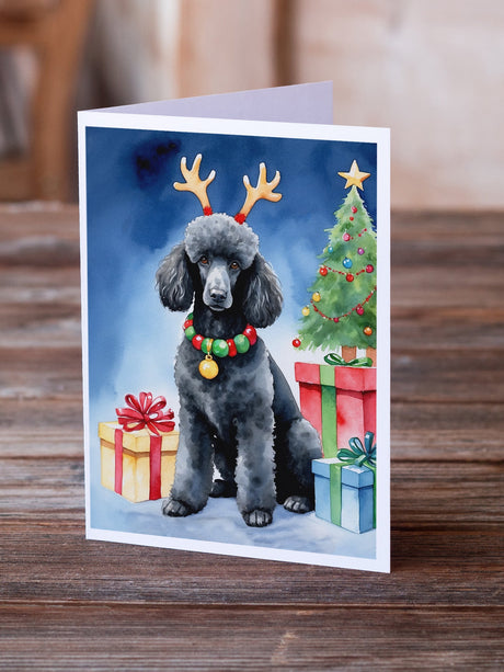 Black Standard Poodle Christmas Reindeer Greeting Cards Pack of 8