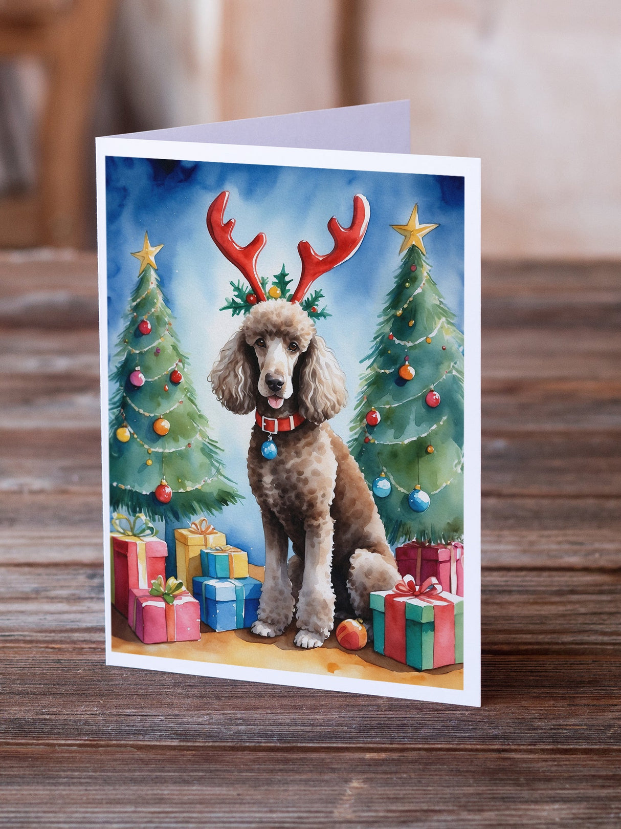 Chocolate Standard Poodle Christmas Reindeer Greeting Cards Pack of 8