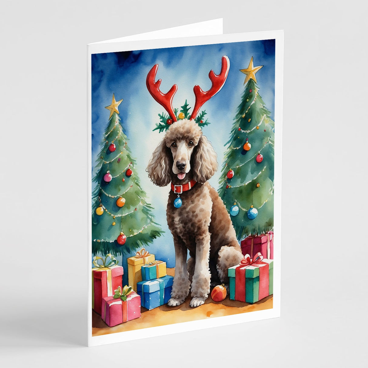 Chocolate Standard Poodle Christmas Reindeer Greeting Cards Pack of 8