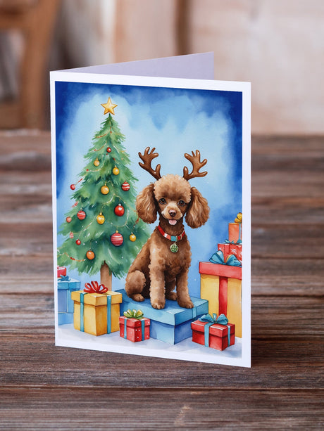 Chocolate Toy Poodle Christmas Reindeer Greeting Cards Pack of 8