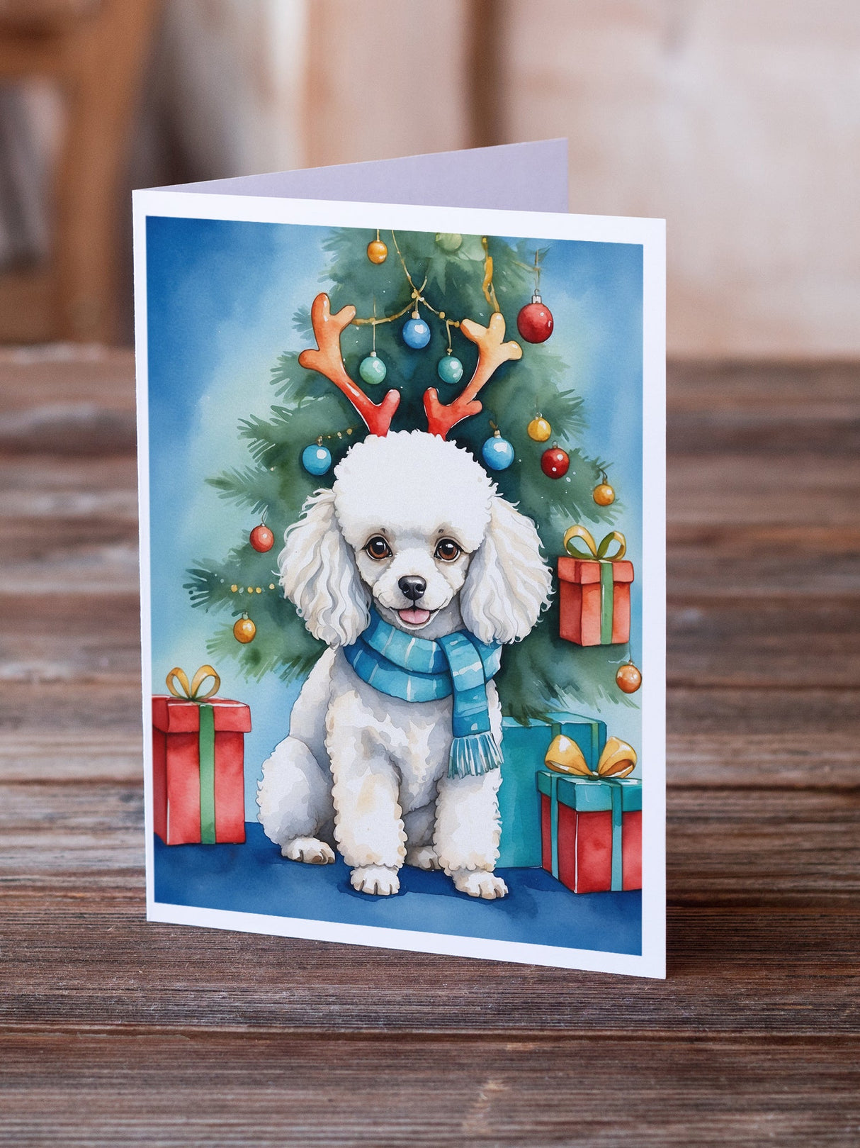 White Toy Poodle Christmas Reindeer Greeting Cards Pack of 8