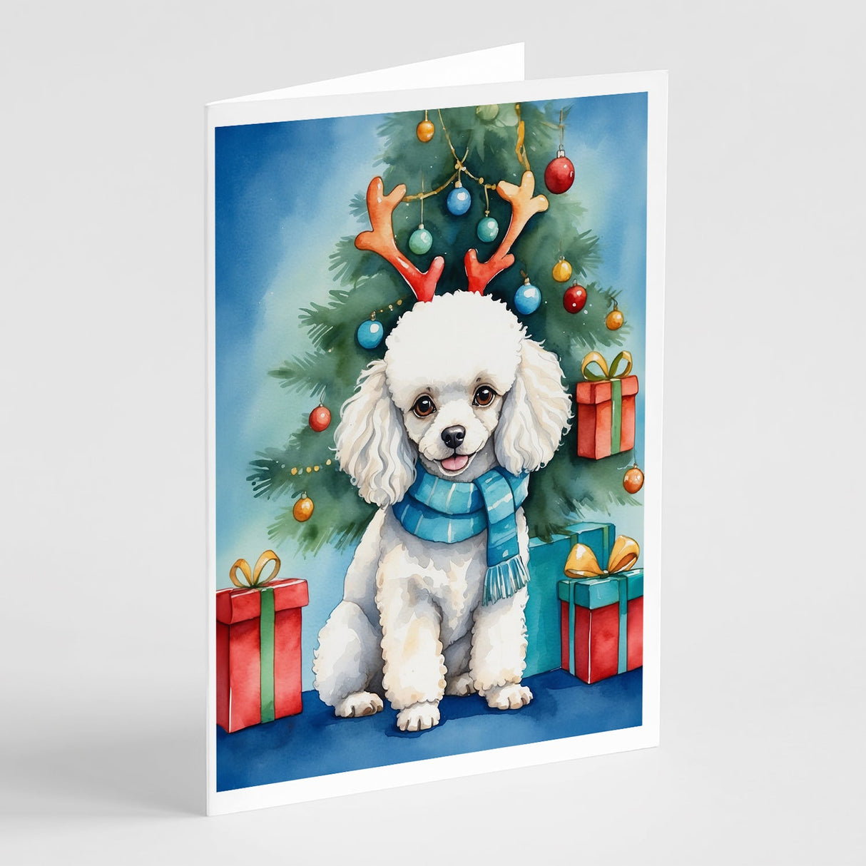 White Toy Poodle Christmas Reindeer Greeting Cards Pack of 8