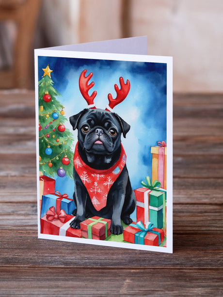 Black Pug Christmas Reindeer Greeting Cards Pack of 8