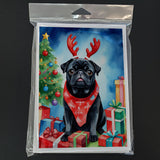 Black Pug Christmas Reindeer Greeting Cards Pack of 8