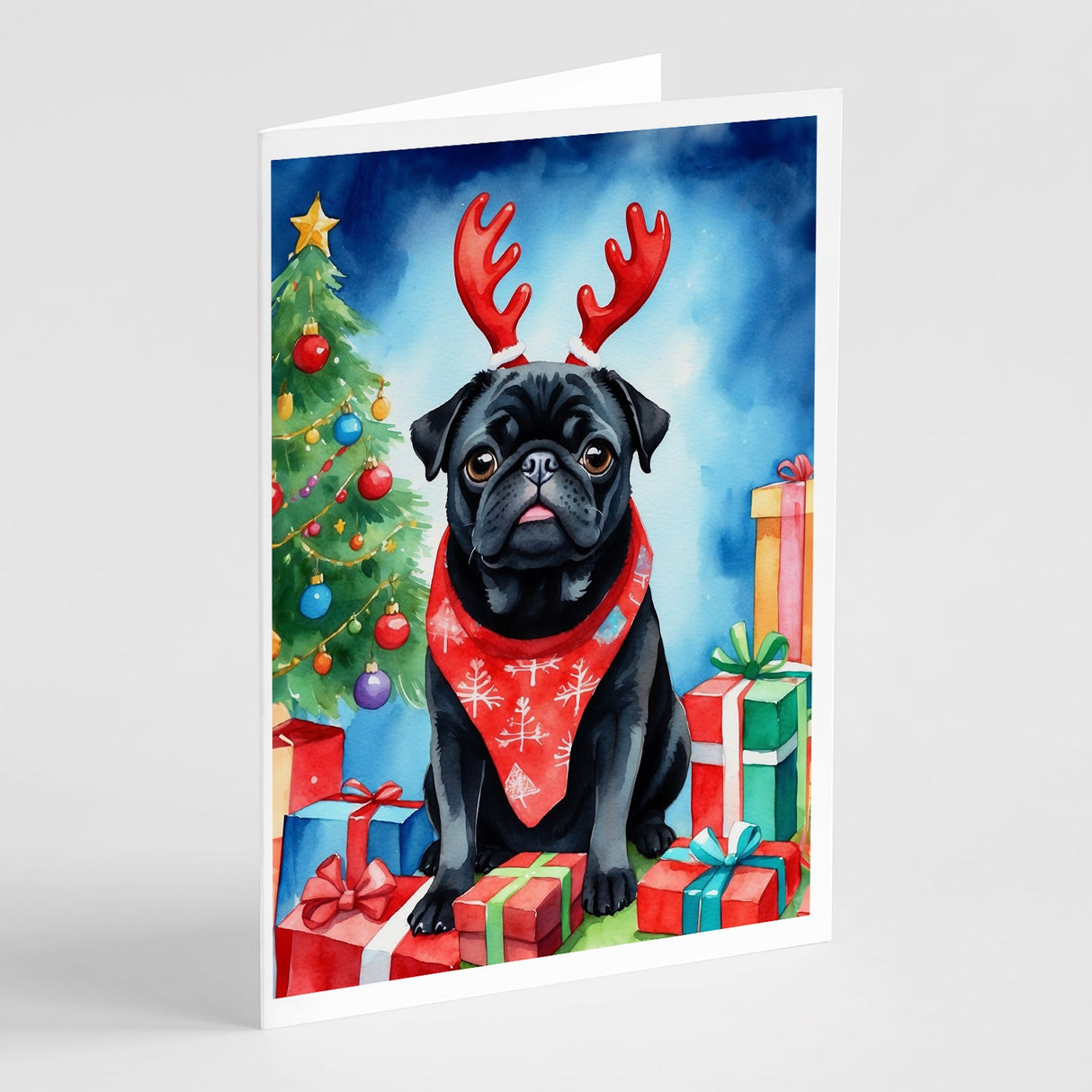 Black Pug Christmas Reindeer Greeting Cards Pack of 8