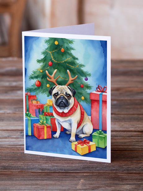 Pug Christmas Reindeer Greeting Cards Pack of 8