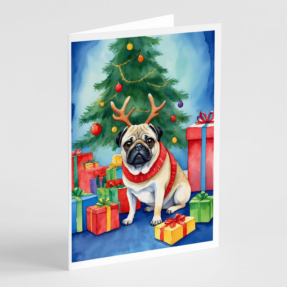 Pug Christmas Reindeer Greeting Cards Pack of 8