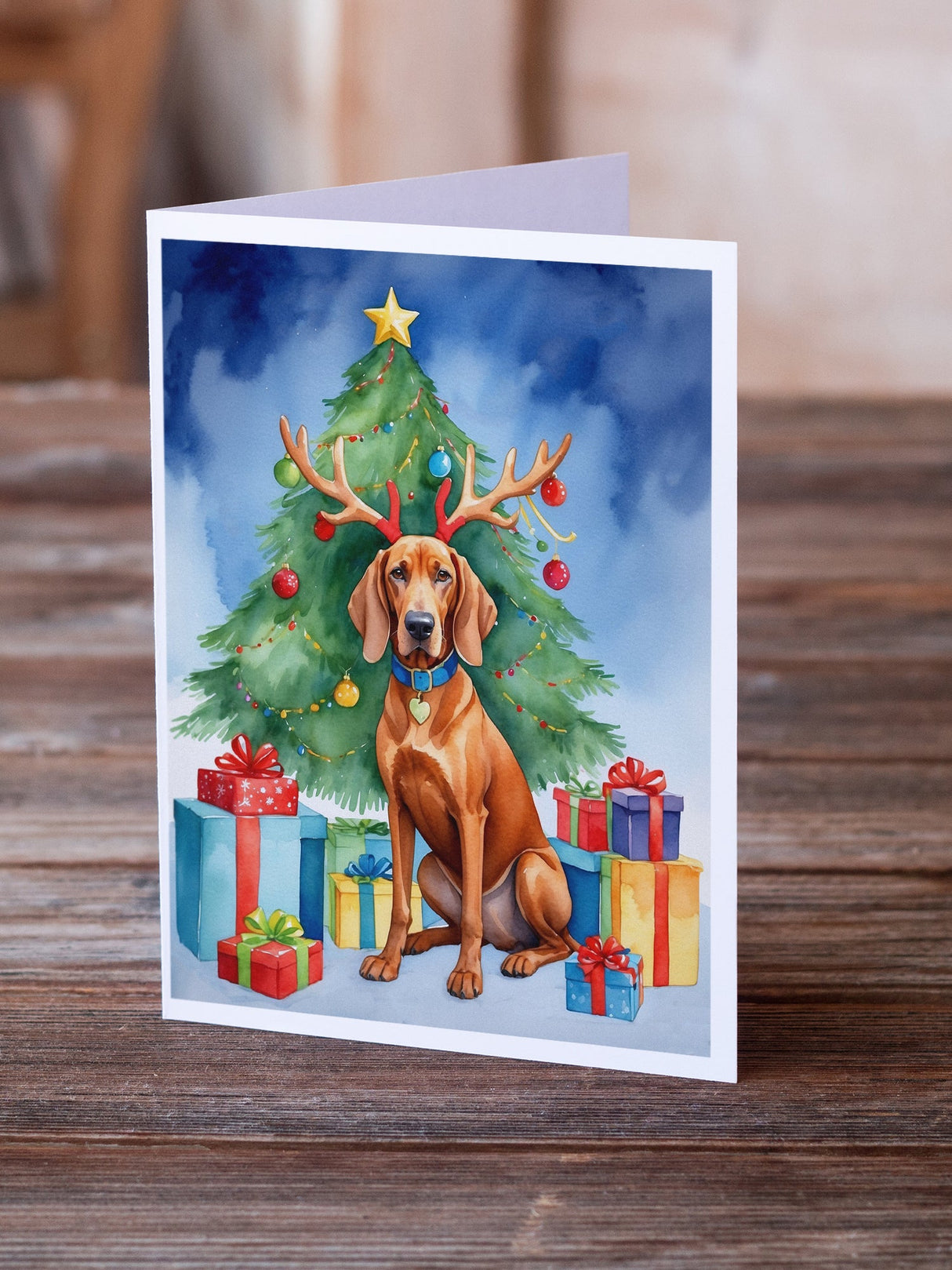 Redbone Coonhound Christmas Reindeer Greeting Cards Pack of 8