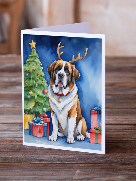 Saint Bernard Christmas Reindeer Greeting Cards Pack of 8