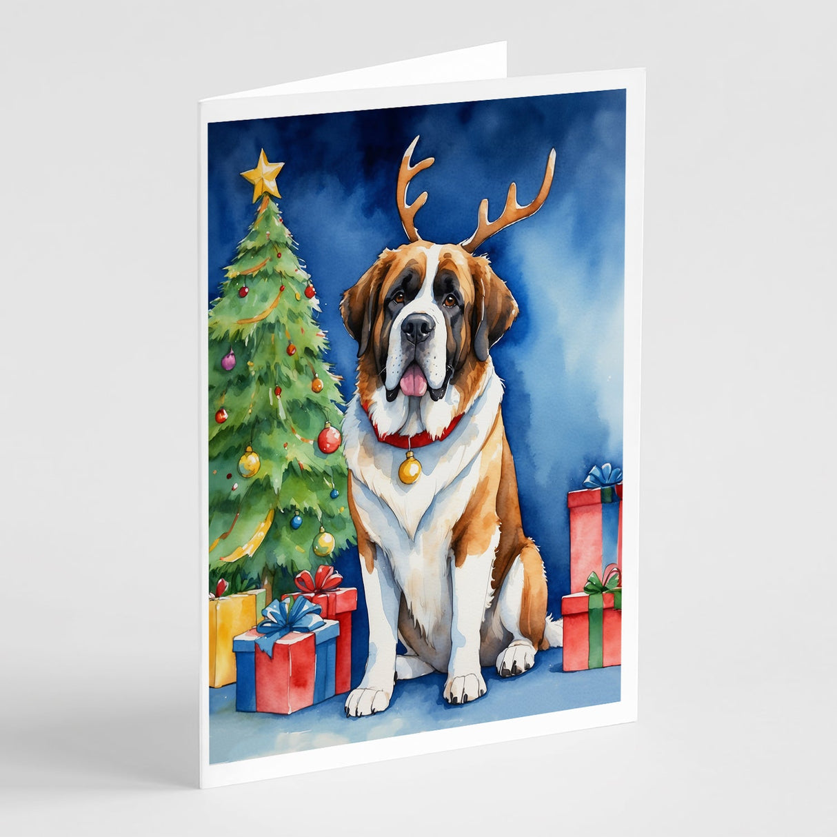 Saint Bernard Christmas Reindeer Greeting Cards Pack of 8