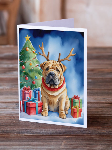 Shar Pei Christmas Reindeer Greeting Cards Pack of 8