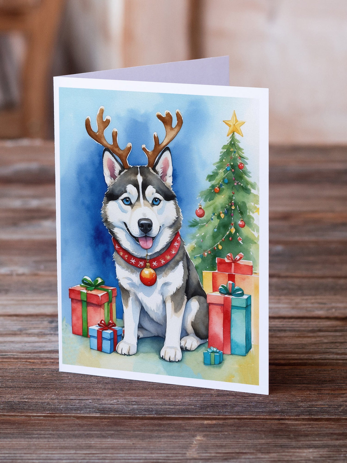 Siberian Husky Christmas Reindeer Greeting Cards Pack of 8