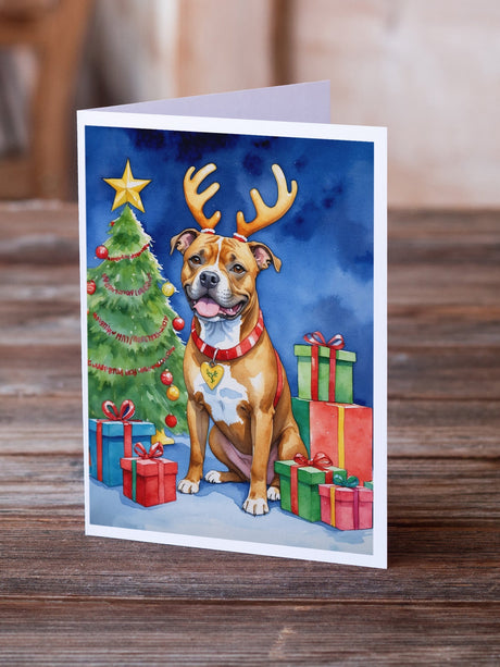 Staffordshire Bull Terrier Christmas Reindeer Greeting Cards Pack of 8