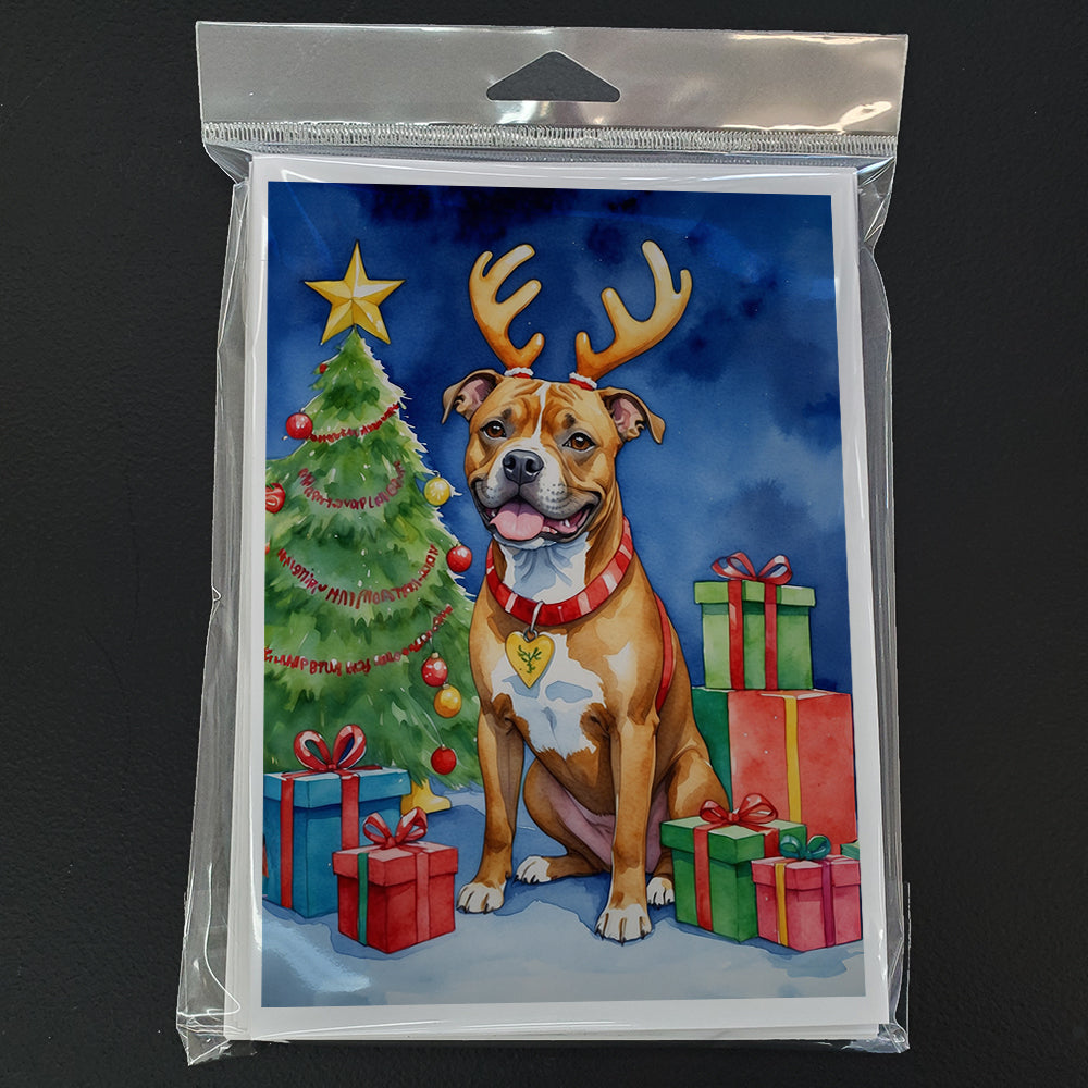 Staffordshire Bull Terrier Christmas Reindeer Greeting Cards Pack of 8