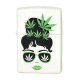 ThreadHeads Zippo Lighter with Cannabis Leaf Design, Front View on White Background