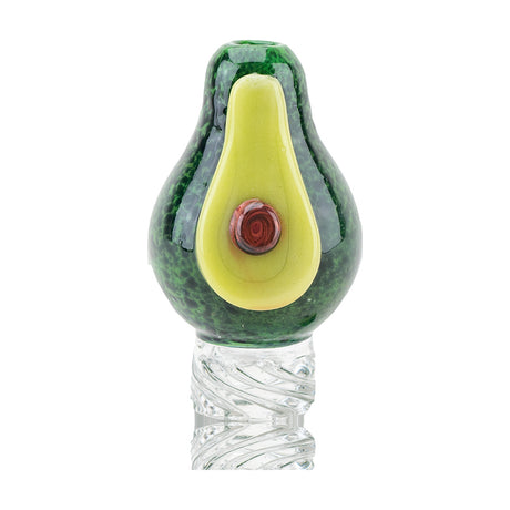 Empire Glassworks Avocadope Spinner Cap made of Borosilicate Glass, front view on a clear stand