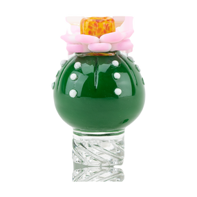 Empire Glassworks Peyote Spinner Cap in green with pink flower, compact borosilicate glass