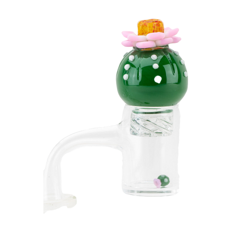 Empire Glassworks Peyote Spinner Cap in green with pink flower, compact design for dab rigs, front view