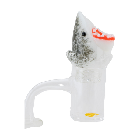 Empire Glassworks Jawsome Spinner Cap in shark design, side view on clear banger