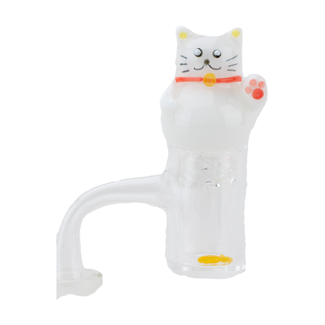 Empire Glassworks Lucky Cat Spinner Cap in white, compact design for dab rigs, front view on clear bong