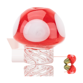 Empire Glassworks Red & White Mushroom Spinner Cap for Dab Rigs, Front View on Reflective Surface