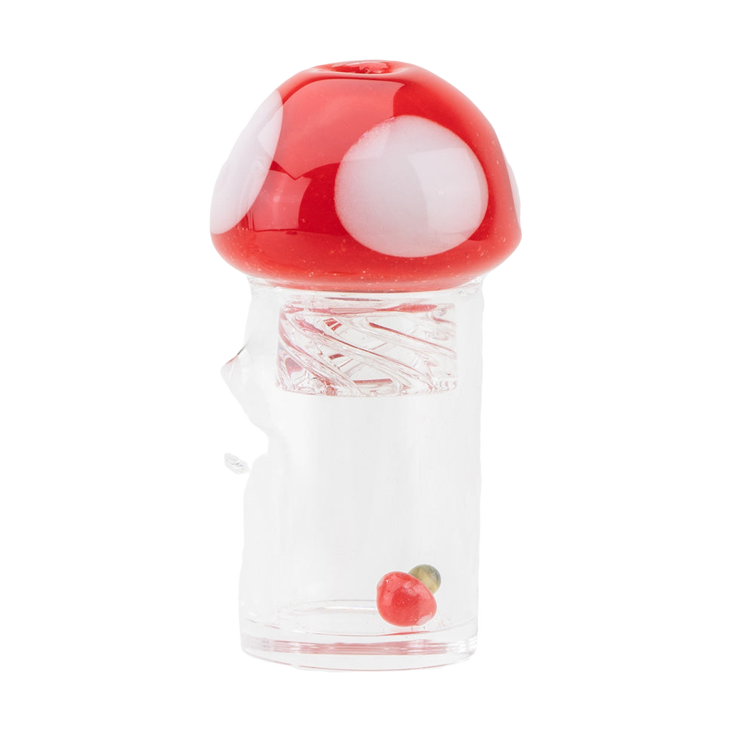 Empire Glassworks Red Mushroom Spinner Cap on clear dab rig, front view, for precise airflow control