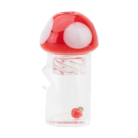 Empire Glassworks Red Mushroom Spinner Cap on clear dab rig, front view, for precise airflow control