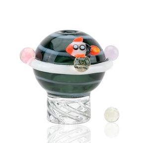 Empire Glassworks Galactic Spinner Cap with colorful alien design, front view on clear stand