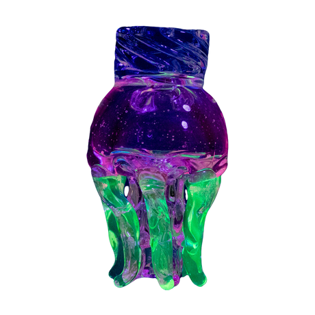 Empire Glassworks UV Reactive Jellyfish Spinner Cap for Dab Rigs, Glowing on Dark Background