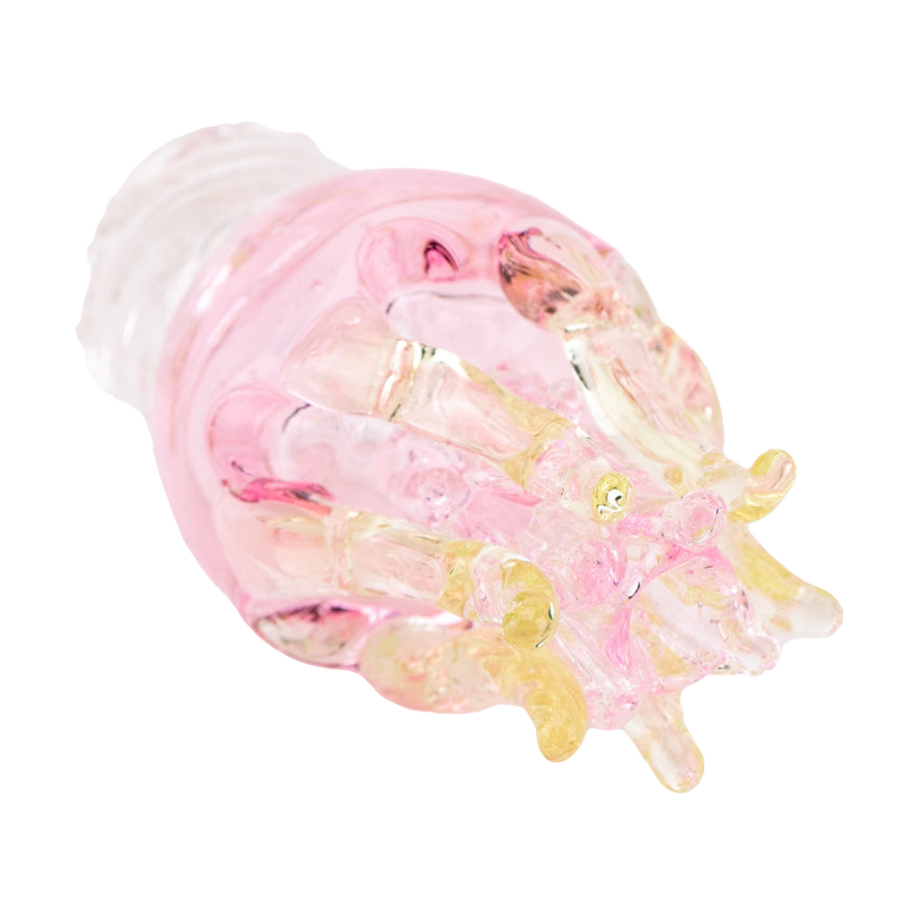 Empire Glassworks UV Jellyfish Spinner Cap in pink, UV reactive borosilicate glass, top view