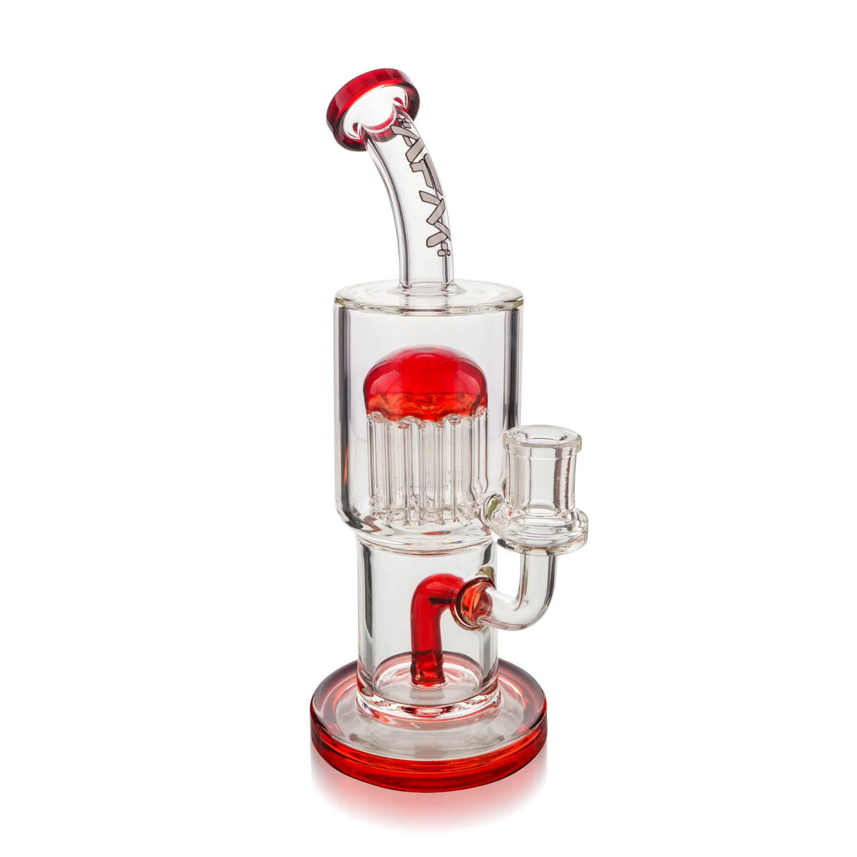 9" AFM Groovy Tree Arm Perc Dab Rig with Bent Neck and Red Accents - Front View