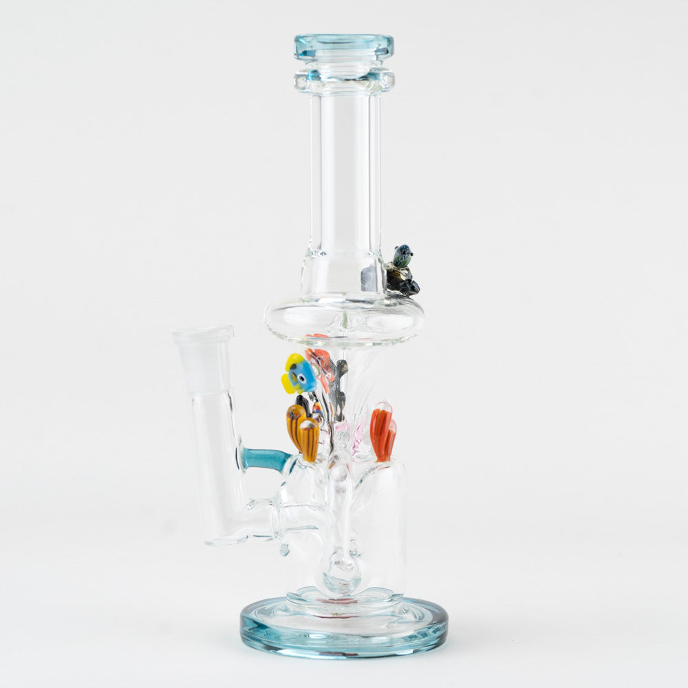 Empire Glassworks Mini Recycler Bong with aquatic theme, 14mm female joint, front view on white background