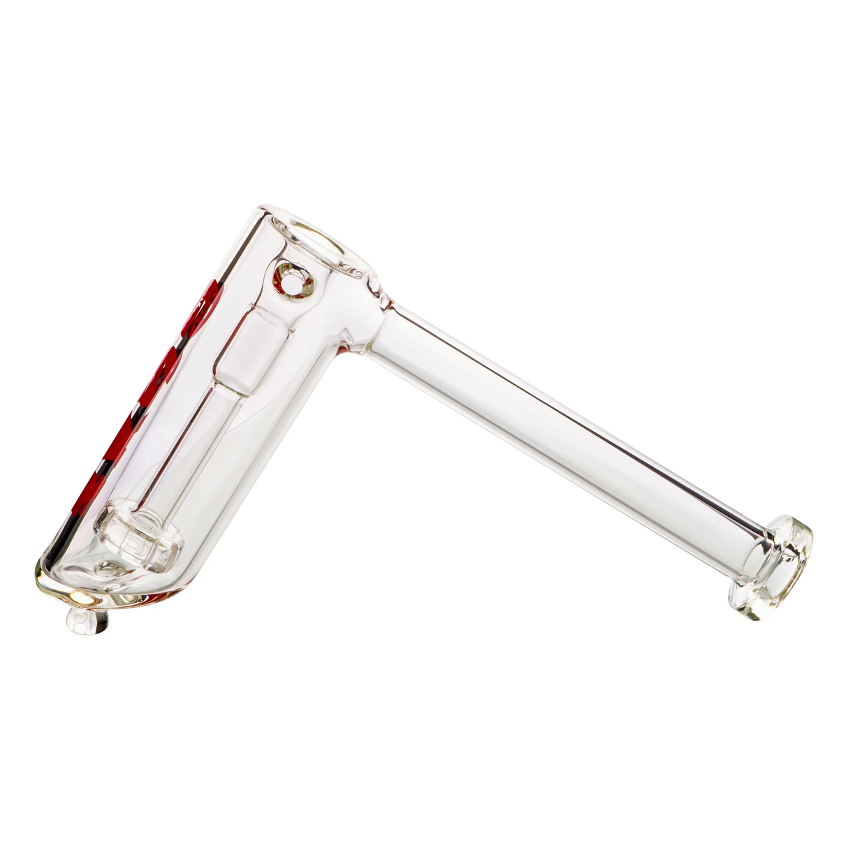 Lucky Goat 6" Alps Showerhead Hammer Bubbler, clear glass with red accents, angled side view
