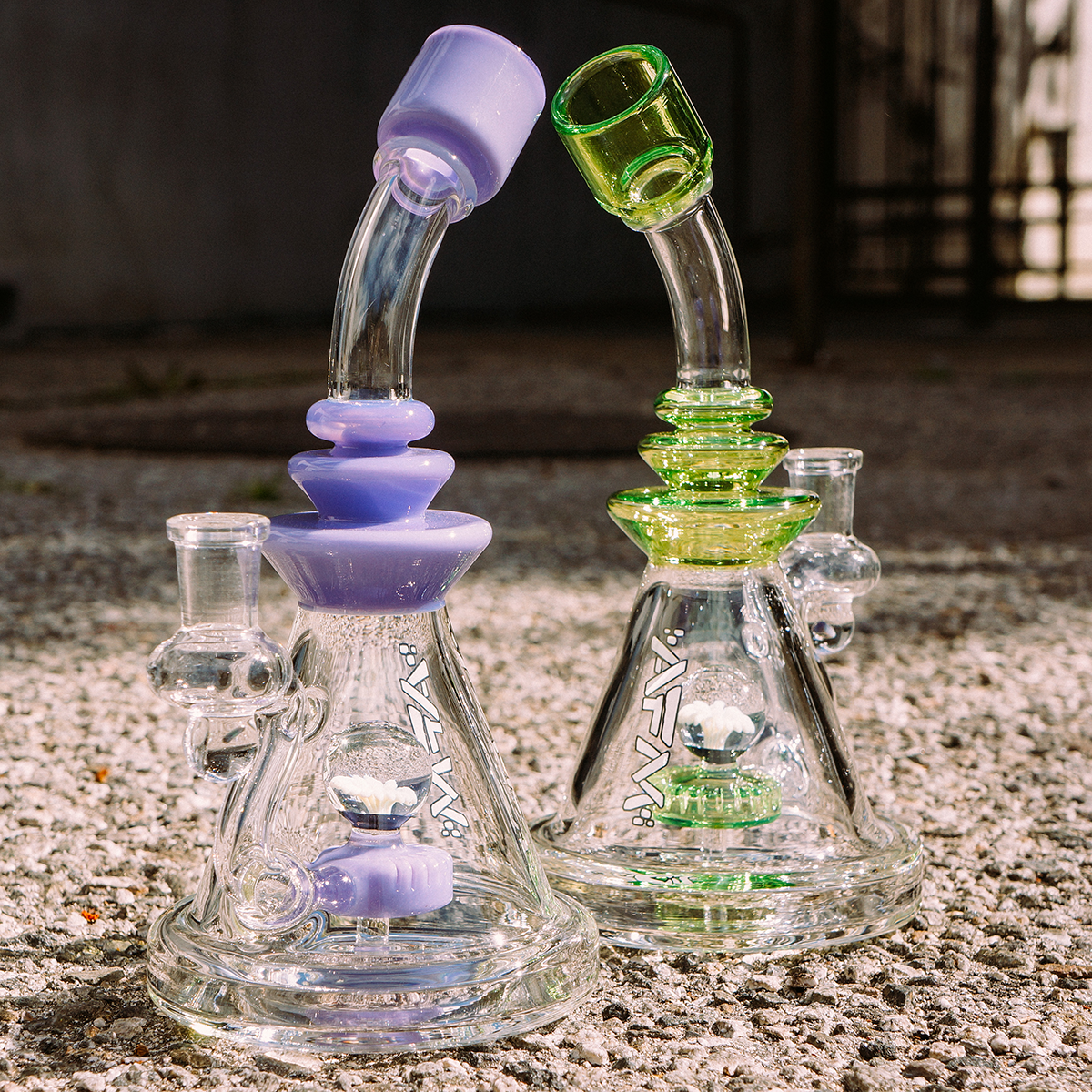 AFM Opal Stone Color Glass Dab Rigs with Bent Neck and 14mm Female Joint in Outdoor Setting