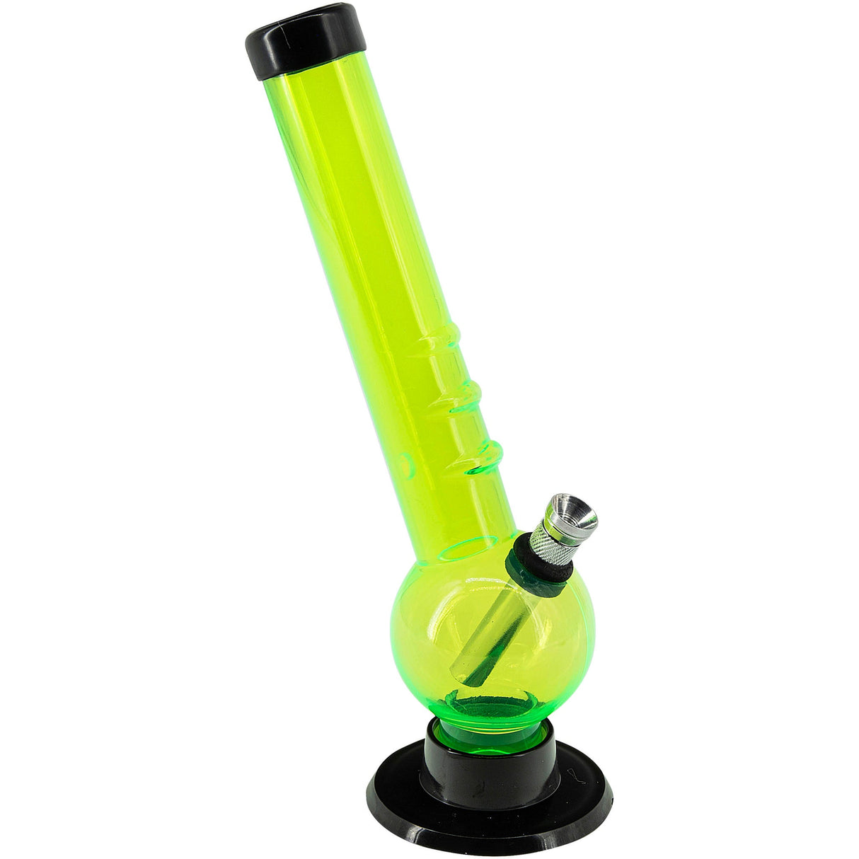 JM Plastics 8" Acrylic Angled Neck Bubble Bong in Neon Green, Front View on White Background