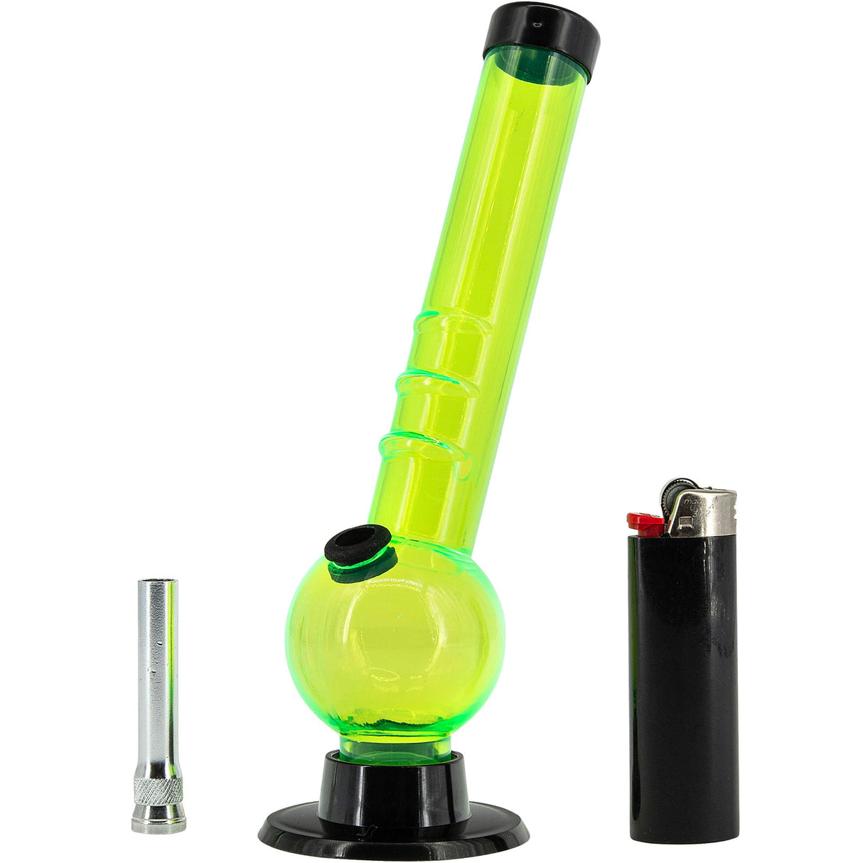 JM Plastics 8" Neon Green Acrylic Angled Neck Bubble Bong with Black Accents - Front View