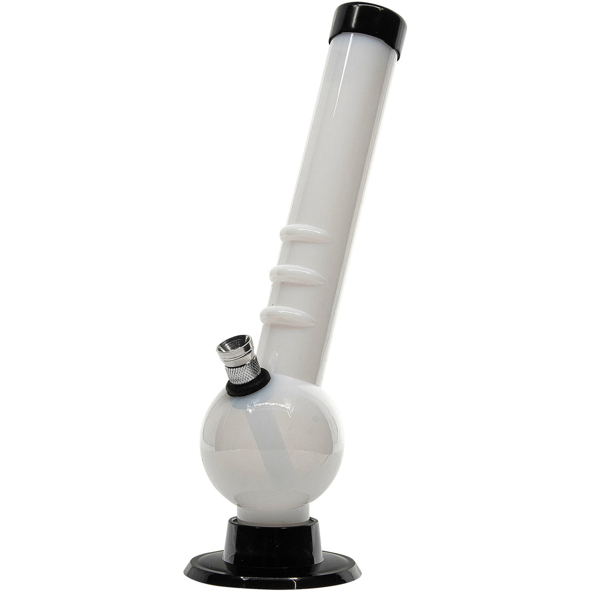 JM Plastics 8" White Acrylic Angled Neck Bubble Bong with Black Accents - Side View