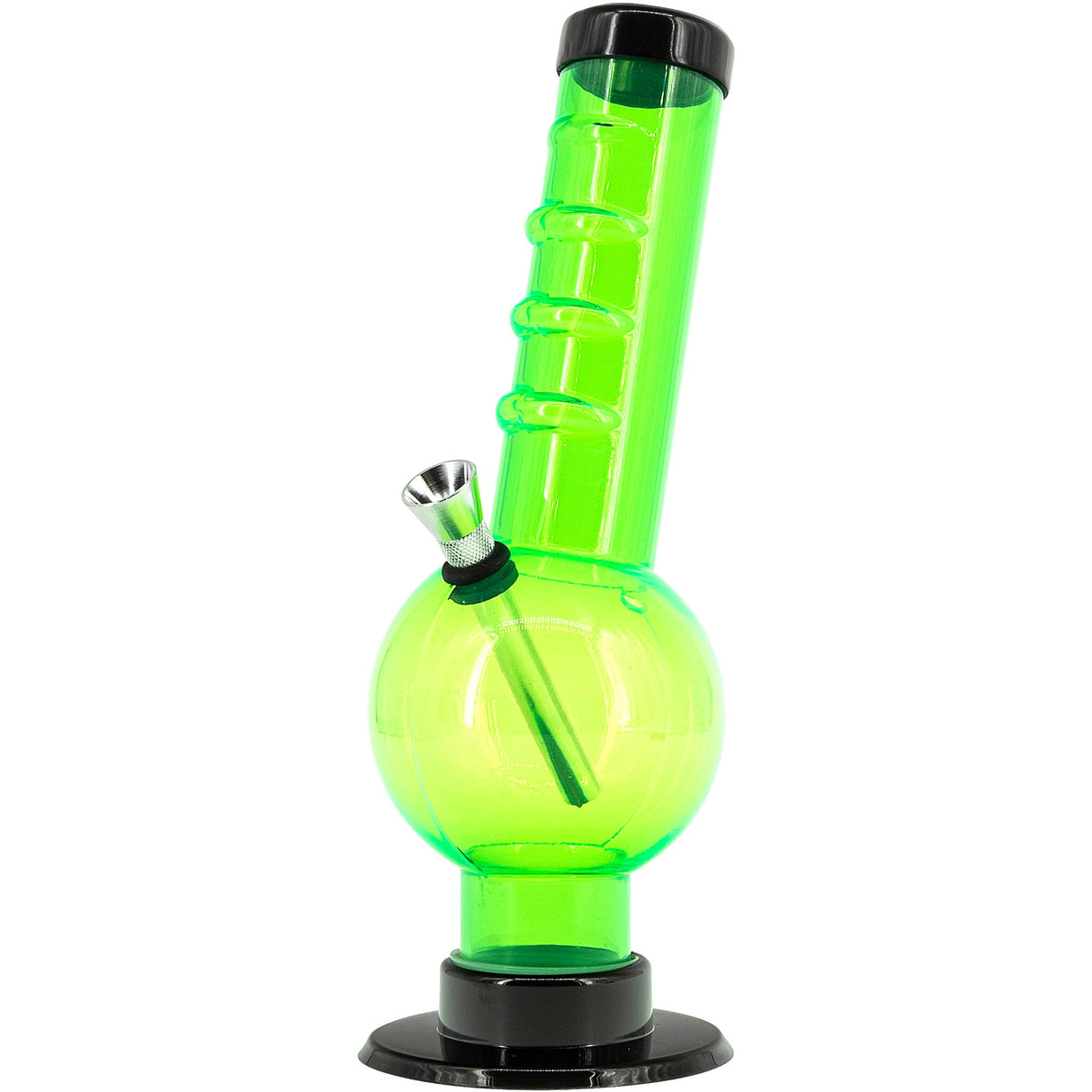 JM Plastics Acrylic Angled Neck Straight Tube Bubble Bong in Neon Green, Front View