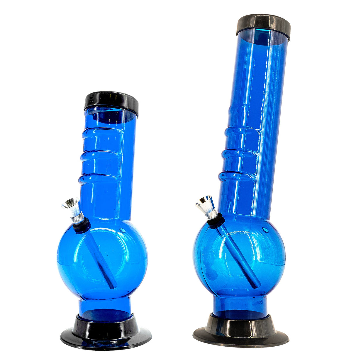 JM Plastics Acrylic Bent Neck Bubble Base Bongs in Blue, Front and Side Views, Easy to Clean