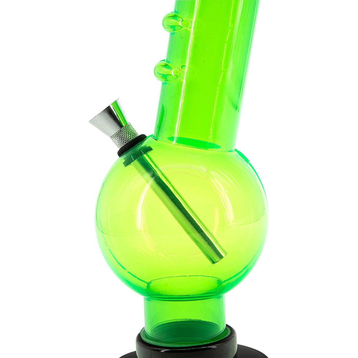 JM Plastics Acrylic Angled Neck Bubble Bong in Neon Green, 9-12" Tall, Side View