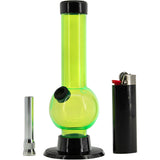 JM Plastics 6" Acrylic Bubble Bong in Neon Green with Black Base and Lighter, Front View