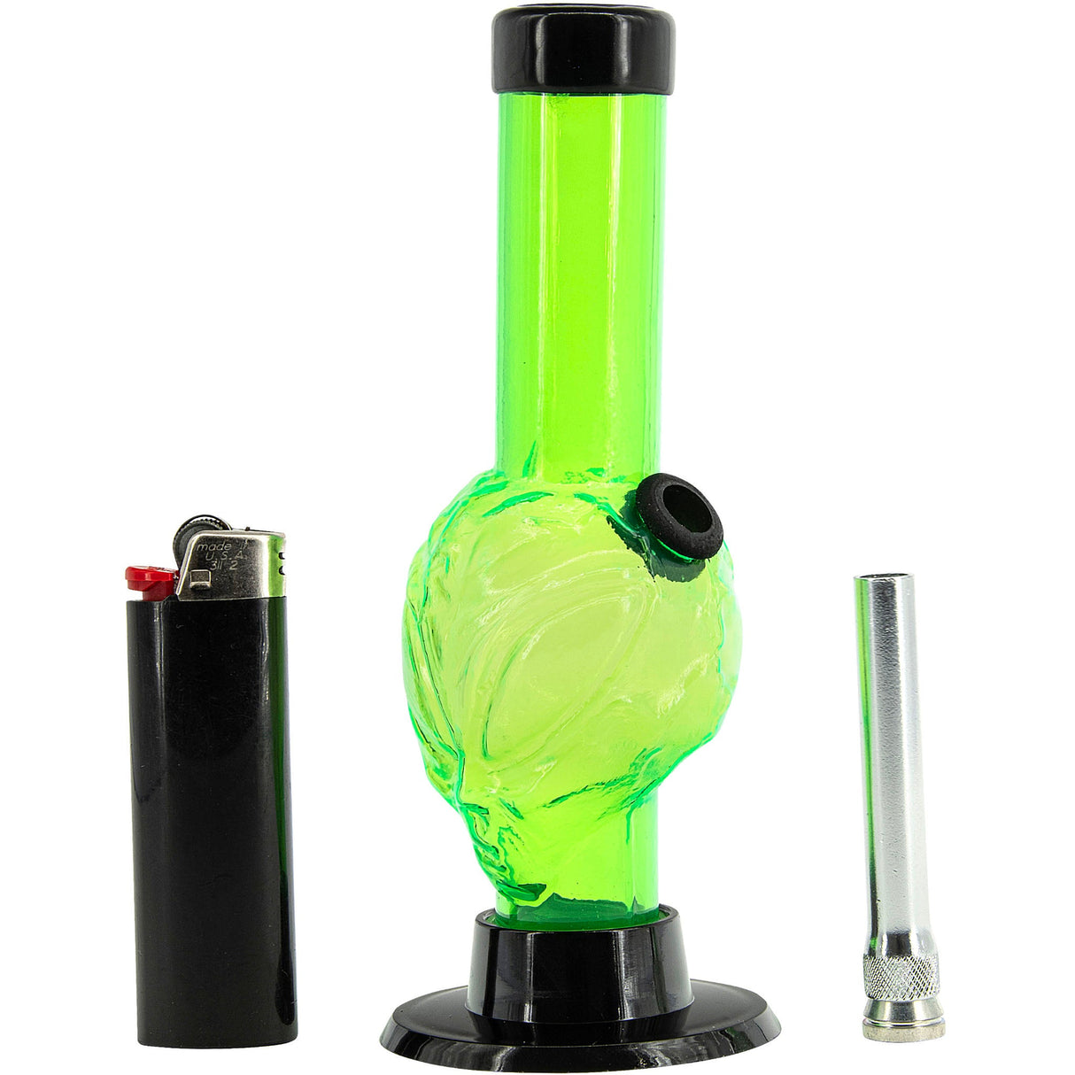 JM Plastics Mini Skull Acrylic Bong in Neon Green - 6" Tall, with Black Base and Mouthpiece