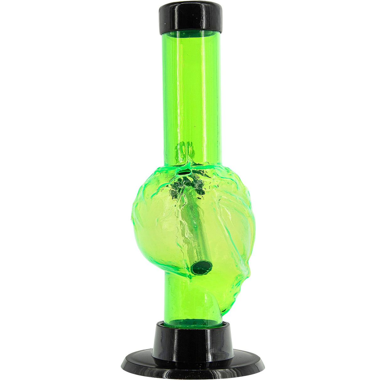 JM Plastics Mini Skull Acrylic Bong in Neon Green, 6" Tall, Front View, Durable Water Pipe